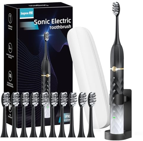 Sonic Electric Toothbrush Set, Equipped with 10 Brush Heads and Travel Case, IPX8 Waterproof, 2-Minute Timer, 42000 High-Frequency Vibrations, 5 Modes, The First Choice for Gift Giving, Black White