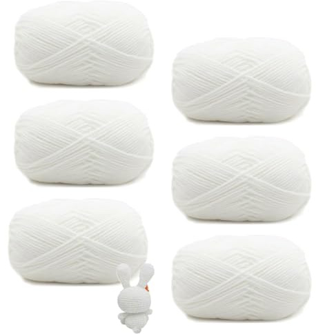 Häkelgarn, 6 Stück Weiß Wolle zum Häkeln, Strick und Häkelgarn, 50g Handstrickgarn Baumwollgarn, Handstrickgarn Set, Sowohl für Anfänger als Auch für Erfahrene Häkler Geeignet