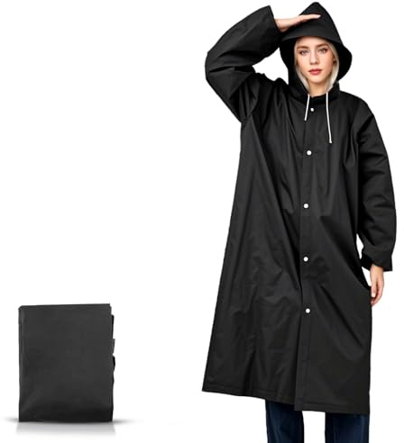 WOHSEROM 1 Pack Rain Ponchos for Adults Reusable, Thickened EVA Travel Raincoat Jacket with Hoods and Sleeves, Lightweight Black Waterproof Capes Ponchos for Men Women Outdoor Hiking Camping Travel