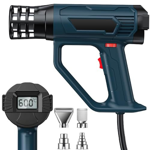 Pfloge® Heißluftpistole 2500W mit LCD-Digitalanzeige, 50℃-600℃ Heißluftfön Temperatur und 2 Luftstrom Einstellbar, Heissluftpistole mit 4 Düsen für Heizung, Schrumpfen von PVC und Schweißen
