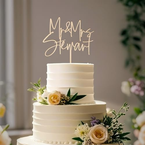 Party to Be Personalized Mr & Mrs Wedding Cake Topper with Custom Bride and Groom's Last Name Anniversary Cake Decoration in Wood