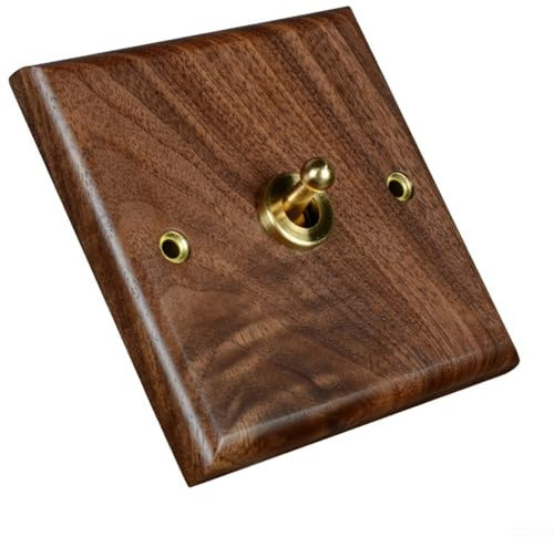 Besttoolifes Interruptor de luz de palanca, interruptor de momento, placa de madera de nogal retro, luz de pared de palanca de latón, interruptor basculante, interruptor de luz interior decorativo (1