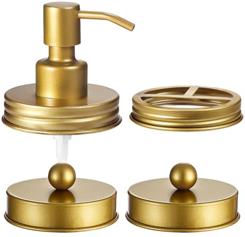 Komashr Mason Jar Bathroom Accessories Lids Set(4pcs) - Jars Not Included - Soap Dispenser, Apothecary Jars Lids for Regular Mouth Mason Jars, Wide Mouth Toothbrush Holder lid,-Stainless Steel,Gold
