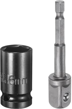 sourcing map Deep 6-Point Impact Socket 1/2 Drive 16mm Metric Socket 1.5 Length with 1/4 Hex Shank Adapter, CR-V Steel Socket Adapter Accessory Tool Set Kit for Hex Bolts Nuts