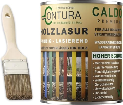 Contura Holzlasur 750ml. Langzeitschutz Lasur + Pinsel Holz Außen Dauerschutzlasur Holzfarbe (Karamell - 10.13)
