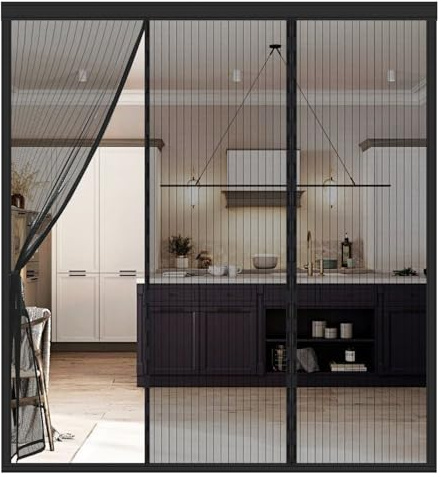 Fly Screens Doors Nets 120(40/40/40) x220cm Patio Curtain Insect Mesh for Keeping Out Flies & Bug, Flyscreen French Doors, Mosquito Double Door Magnetic ScreenFly Doors (Black)
