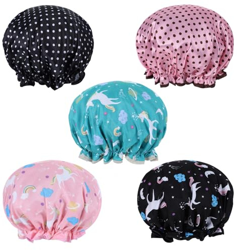 5 Stück Duschhauben Einhorn Damen Kinder, Doppellagig Shower Cap, Wiederverwendbare Wasserdichte Duschhaube für Dusche Spa