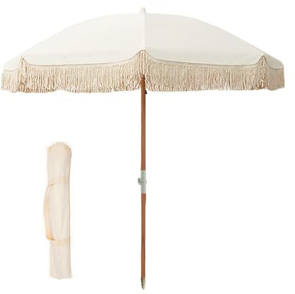 PQPQLI Parasol De Jardin Exterieur 1.80M, Parasol À Frange avec Sac De Rangement, Anti-UV, Mât De Parasol Pliable en Hêtre, Baleines en Fibre De Verre pour Plage Balcon Patio