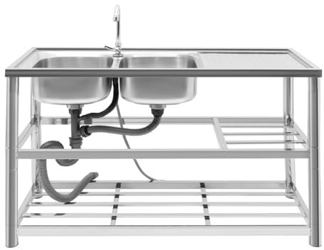 Freistehende Edelstahlspüle mit Doppelbecken Doppel Spülbecken Freistehende Spültisch Komplettes Set Maximale Belastung 100 kg 120 * 45 * 80cm Silber