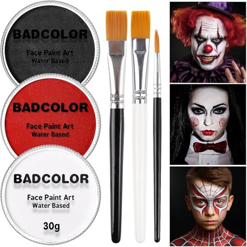 Halloween Peinture Visage (Noir+Blanc+Rose) avec 3 Pinceaux, Peinture Corporelle Lavable à l'eau pour Théâtre, Fêtes, Evénements Scolaires, Carnavals, Clowns, Squelettes, Zombies
