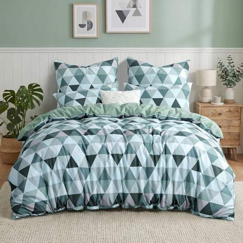 RUIKASI Bettwäsche 220x240 Baumwolle 3 teilig Grün - Baumwollbettwäsche 220 x 240 mit Dreieck Muster, Bettbezug Set 240x220 Cotton mit Reißverschluss