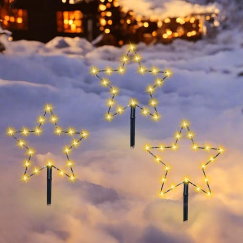 TZQFROCE LED Gartenstecker Stern 3 Stück Solar Weihnachtsbeleuchtung Außen Weihnachts-Gartensteckleuchten LED-Stern Weihnachtssterne für Weihnachten Balkon Terrassen Weg Garten Deko