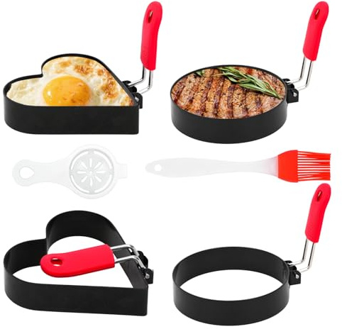 4 stycken stekta äggformar, IEMIEBSHA rostfritt stål stekta äggformar för pannan, non-stick äggring med vikbara handtag, silikonoljepensel och äggseparator, runda äggringar för smörgåsar, pannkakor