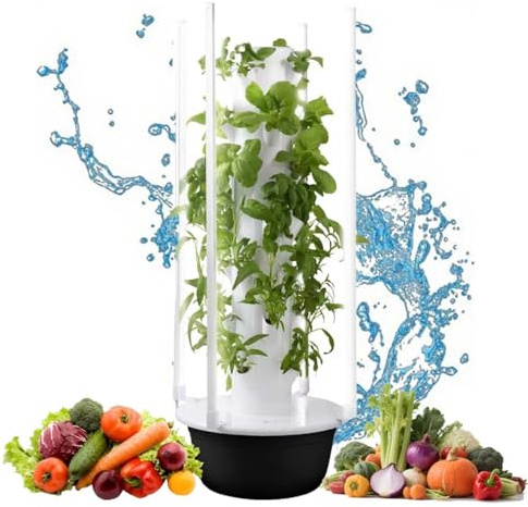 zhenmaster Jardin hydroponique Vertical d’intérieur avec lumières LED & minuterie – Tour à Plantes sans Terre – pour Balcon, Cuisine ou terrasse – 5 à 9 Niveaux – ABS Durable(36Holes+LED)