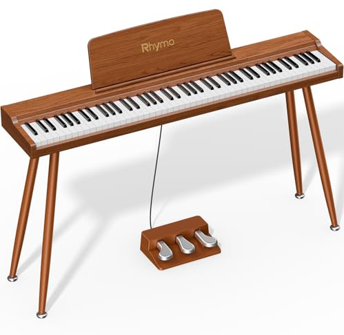 Rhymo 88-Key Digital Piano with Stand, Semi-Weighted Keyboard, Bluetooth Audio/MIDI, Dual Player Mode, 20W Speakers, Microphone Input, Triple Pedal for Beginners to Professional (Rero Wood)