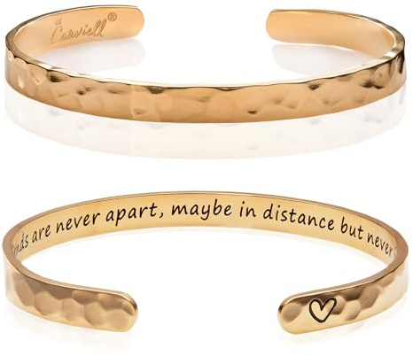 Carviell Gold Friendship Bracelet – “True Friends Are Never Apart” Engraved Cuff, Best Friend Jewelry Gift for Women & Teens, BFF Bracelet, Long Distance Friendship Gift, Stainless Steel Gold Bangle