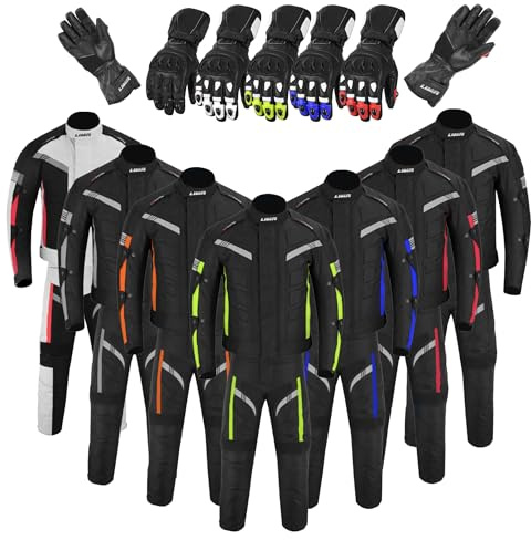Mens 2 Piece Motorbike Suit Waterproof Cordura MotorcycleJacket and Trousers CE Suit Armor with Leather Riding Gloves Touchscreen Windproof Set