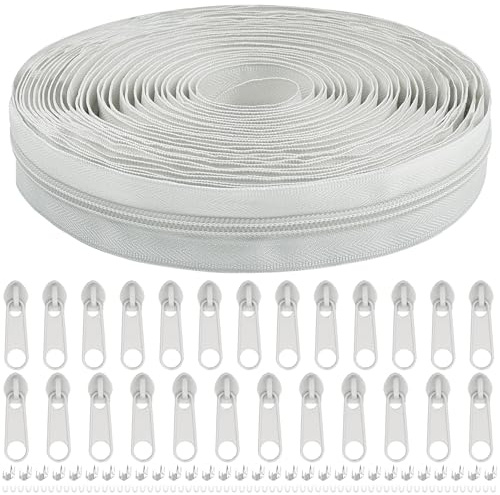 Endlos Reissverschluss mit Zipper, 5mm 9m Nylon Endlosreißverschluss Meterware und 20 Zipper aus Metall für Kleidung Tasche Mäppchen Bettwäsche (Hellgrau, #5)