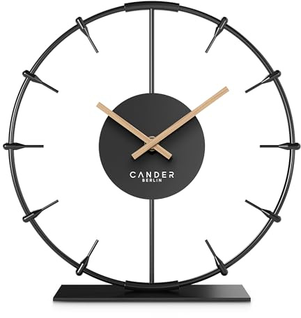 Cander Berlin Ilmera Reloj de mesa silencioso de 22 cm, metal, manecillas de madera, sin ruido de tictac, moderno, negro, salón, cocina, vintage