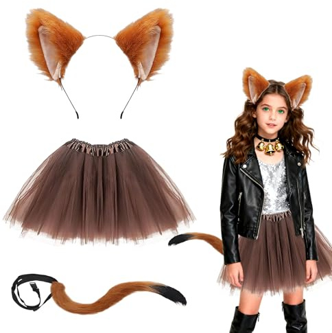 XJWZGM 3 Stück Kostüm Fuchs für Kinder Erwachsene, Fuchsohren Stirnband Fuchsschwanz Fuchs Fliege Mädchen Tutu, Füchse Kostüm im Lieferumfang enthalten für Karneval Halloween Tierkostüm Füchse Ohren