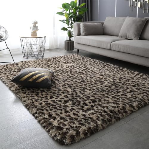 Aexpath Teppiche für Wohnzimmer, Beige, Leopardenmuster, 140 x 200 cm, dicker, luxuriöser weicher Hochflor-Teppich, Batik-Teppich, für Wohnzimmer, Schlafzimmer, Flur, handwaschbar, lichtbeständig