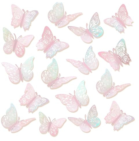 36-Piece Pink Gradient 3D Butterfly Wall Stickers Self-Adhesive Hollow Pet Butterfly Stickers Wall Decoration for Bedroom Living Room Reusable Butterfly Decorations for Home Party Wedding