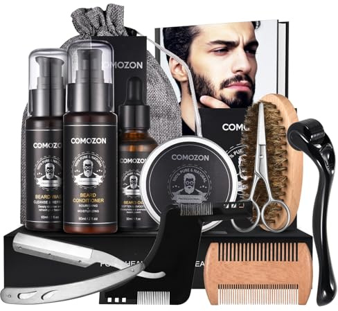 Beard Grooming Kit for Men, 13 in 1 Beard Care Kit Men Gifts with Beard Roller, Razor & Styling Shaper, Beard Kit with Beard Oil, Shampoo, Conditioner, Brush, Balm, Comb, Scissors, Gifts for Him