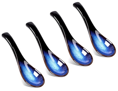 4PCS Japanische Blaue Suppenlöffel Keramik, Asiatische Suppenlöffel für Ramen, Pho und Miso, Chinesische Löffel hitzebeständig, Ramen Löffel Keramik für Suppe, Eintöpfe und Desserts
