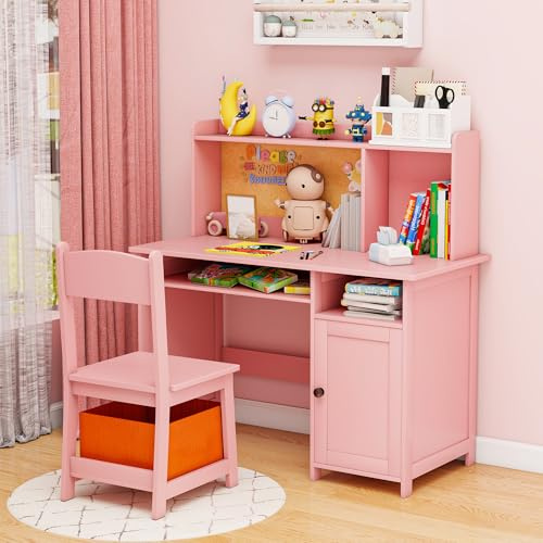 Vavkorkula Kids Study Desk and Chair Set with Cork Bulletin Board, Wooden Children's Study Table with Hutch, Small Writing Desk for Girls, Pink