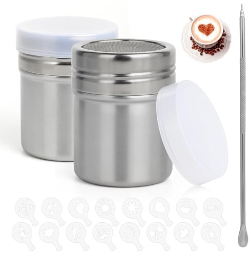 Paquete de 2 coctelera de chocolate, coctelera de polvo de acero inoxidable con tapa y 16 plantillas de café, coctelera de cacao de malla fina, plumero de azúcar glaseado para capuchino, latte