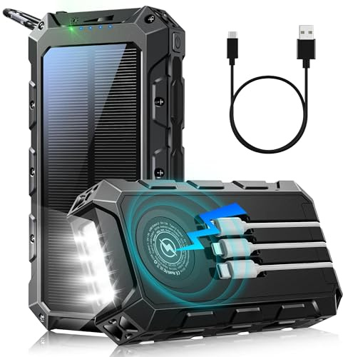 Solar Power Bank 52800mAh, PD 30W 3.0 A USB C Powerbank Ricarica Rapida con 3 Cavi, 3 Port (2 USB & 1 Type-c), 15W Ricarica Wireless, Spie luminose a LED, Torcia, Caricatore Portatile con Smartphones