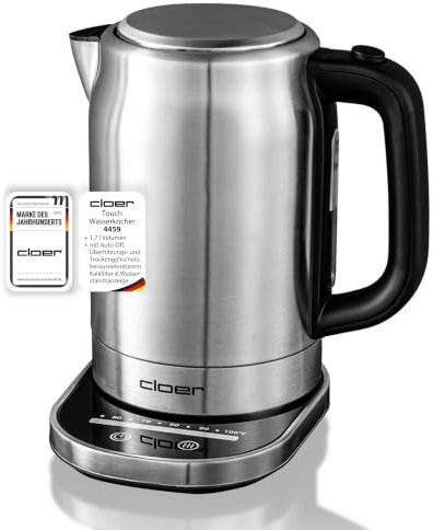 Cloer 4459 Touch-Wasserkocher 1,7 l mit Kalkfilter, Basis mit Glasoberfläche-LED-Anzeige, 60-100°C, Warmhaltefunktion, Wasserstandsanzeige, Überhitzungs- & Trockengehschutz, Edelstahl, 2200 Watt