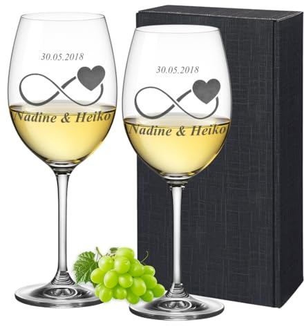 2 Leonardo Weingläser Personalisiert mit Gravur - Geschenk zur Verlobung, Hochzeit für Paare mit Name und Datum Hochzeitsgeschenk, Weißweingläser Motiv Unendlichkeit mit Herz