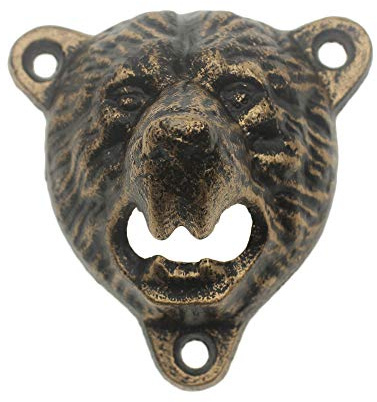 Luwanburg Bear Head Cast Iron Beer Bottle Opener Wall Mounted Grizzly Teeth for Man Cave Garage Decor (Aged Gold)