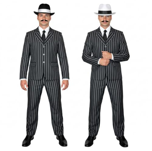 SoWest Men’s 1920s Gangster Costume – Black & White Pinstripe Suit with Matching Trousers, Tie & Hat | Vintage Boss Fancy Dress Outfit for Halloween, Parties & Themed Events