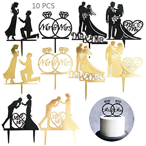 Juland 10 stycken MR och MRS tårtdekoration akryl cupcake topper hållbar mångsidig tårttillbehör dekorationer för bröllop förlovning bröllopsfest jubileumsfirande - guld och svart