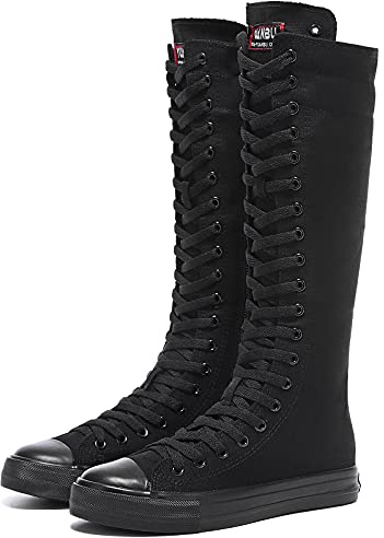 Momuk Damen Canvas Hohe Kniestiefel Modisch Knie Hoch Schnüren Segeltuch Stiefel Seitlicher Reißverschluss Tanzstiefel Sportschuhe