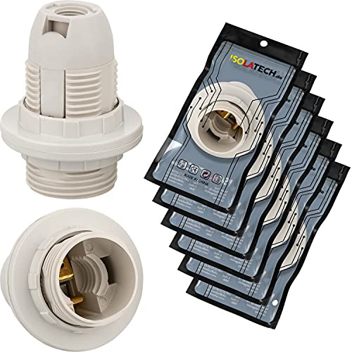 ISOLATECH 6x Portalámparas E14 de plástico con 2 anillos de fijación | Máx. 250V/4A, compatible con bombillas LED y de bajo consumo, para pantallas, techos, hogar y neveras