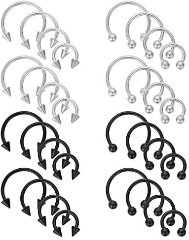 32 Stück Septum Hufeisen Piercing Set Hufeisenringe Chirurgenstahl 16G Verschiedene Größen Nasenscheidewand Hufeisen Creolen Augenbrauen Creolen Lippe Hufeisen Septum Piercing Schwarz Damen Herren