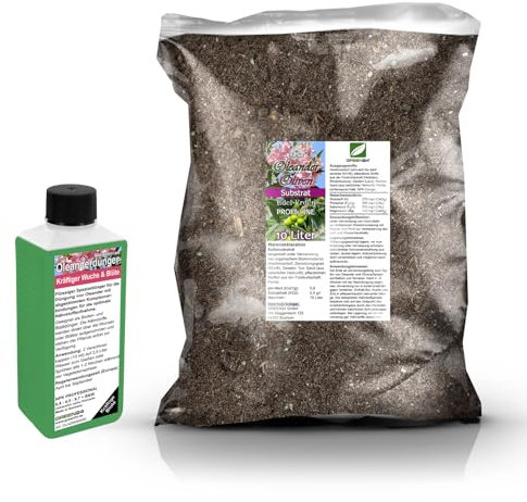 Umtopf - Set für Oleander, auch Rosenlorbeer (Nerium) - bestehend aus 10 Liter Spezial - Substrat und darauf abgestimmten Flüssigdünger NPK Volldünger (für Oleander)