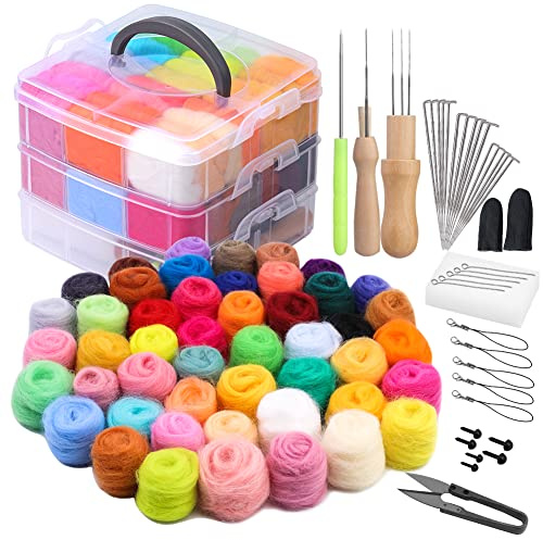 Kit per infeltrimento ad ago, 48 colori in feltro di lana, strumenti di base e accessori per lavori fai da te in feltro di lana, materiale per filatura manuale per principianti