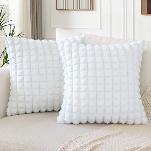Soleebee 2er Set Plüsch Samt Kissenbezüge, Weiche Künstliche Pelz Plaid Textur Kissenbezug Sofa Zierkissenbezüge Dekokissen Kissenhülle Set für Couch Schlafzimmer Zuhause Dekor (50x50cm, Weiß)