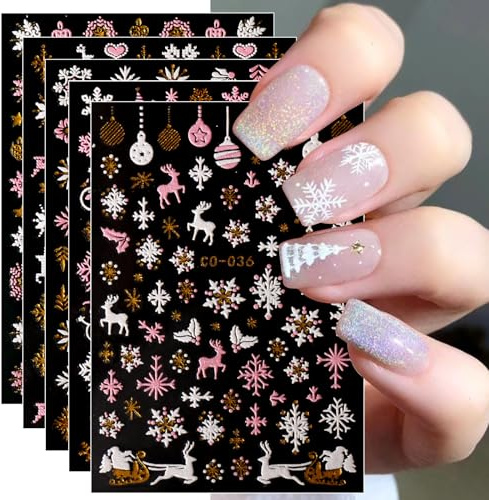 JMEOWIO Nagelsticker Weihnachten Glitzer 12 Blatt Nail Art Sticker Selbstklebend Nagelaufkleber Schneeflocke Winterurlaub Gold Dekoration Nageldesign Zubehör