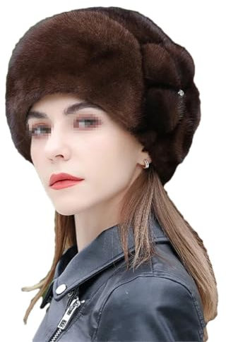 Damen Fellmütze Winter Flauschige Pelz Baskenmütze Russische Pelzmütze Damen Stirnband Outdoor Hut Ohrenschützer Skimütze Warme Pelzmütze, Brauner Hut, 56/58 cm