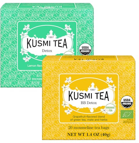 Kusmi Tea - BB Detox + Detox - Set of 2 boxes - 2 Green Tea, Mate, Herbal and Lemon and Grapefruit Flavored Blends - To be enjoyed Hot or as Iced Tea - 2x20 Tea Bags