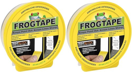 FROGTAPE Frog Tape 631-34 Delicate Abklebeband – Malerkreppband mit Paint-Block Technologie – Kreppband für saubere Kanten beim Streichen & Lackieren – 24mm x 41m, Gelb (Packung mit 2)