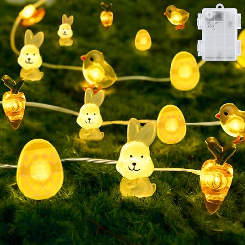 Dalugo Lichterkette Ostern Batterie Timer, 2M 20LED Hase Karotte Küken Ostereier Lichterkette mit 6h Timer, IP65 Wasserdicht Osterdeko Lichterkette Batterie Timer für Innen Außen Oster Deko