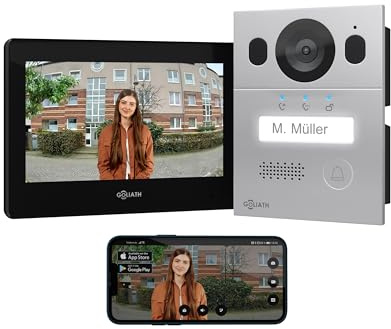 Goliath Basic Video Türsprechanlage, 2 Draht Bus, 7'' Monitor, Aufputz Türklingel mit Kamera, Gegensprechanlage mit Türöffner und Klingel, 1 Familienhaus, Plug & Play, Smartphone App