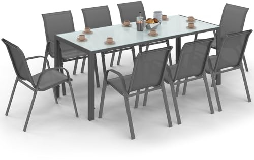 IDMarket – Conjunto de mobiliario de jardín Madrid, mesa de 190 cm y 8 sillas apilables, color gris antracita, tablero transparente