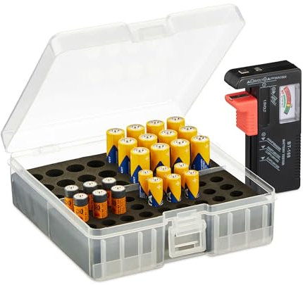 Relaxdays Custodia Portabatterie con Tester, per 60 Pile AA e AAA 5,5x15x15,5 cm, Scatola per Batterie, Trasparente/Nero